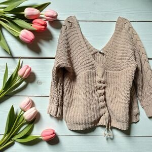 Women's Peach Knit Lace Up V Neck Sweater S/M Casual Cozy‎ Fashion